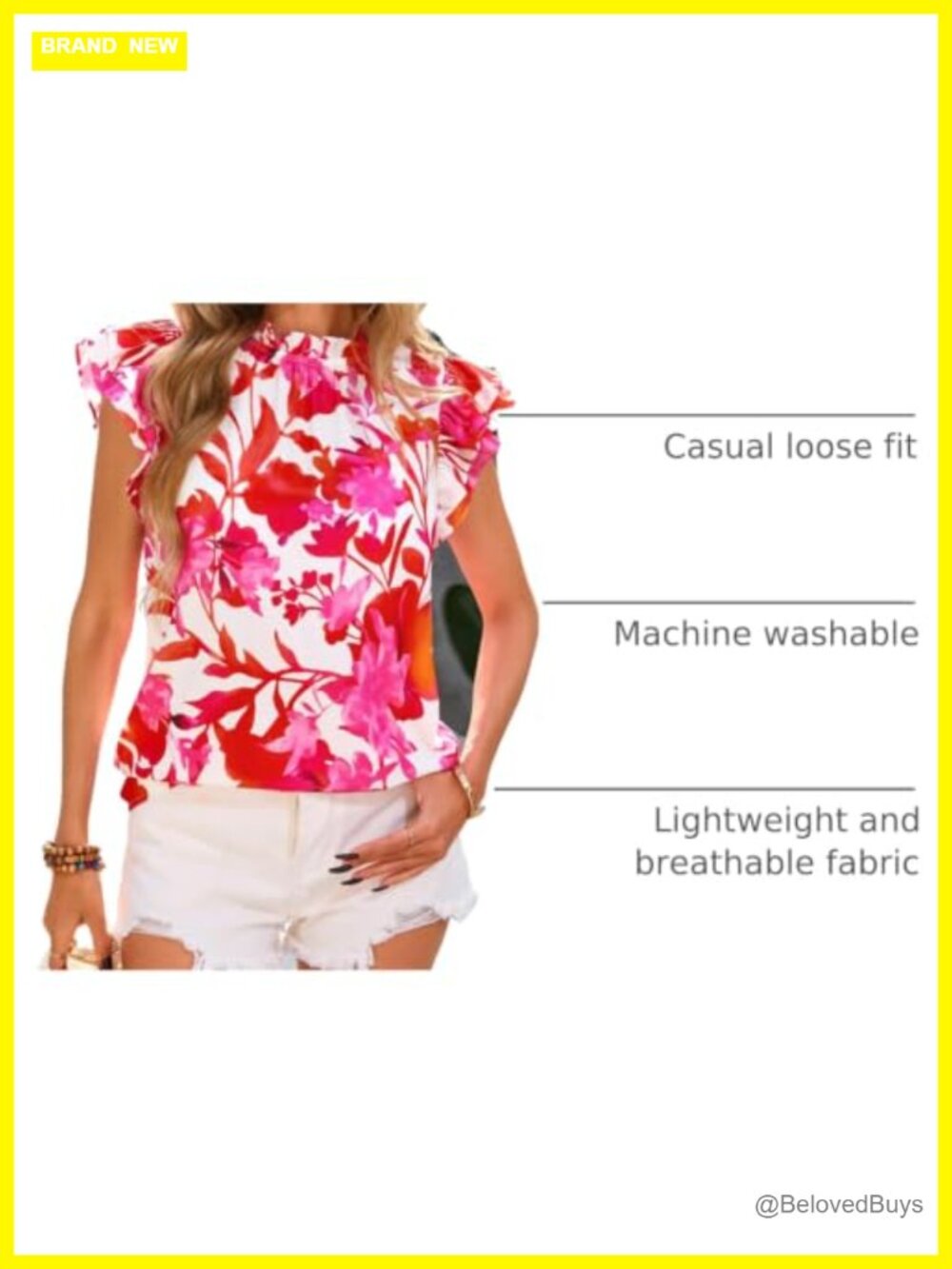 Ruffle Short Sleeve Summer Top Floral Trim Chiffon Boho Blouse - Picture 3 of 6